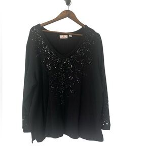 quacker factory 3X black Thermal‎ embellished top Sequins V-neck Long Sleeve